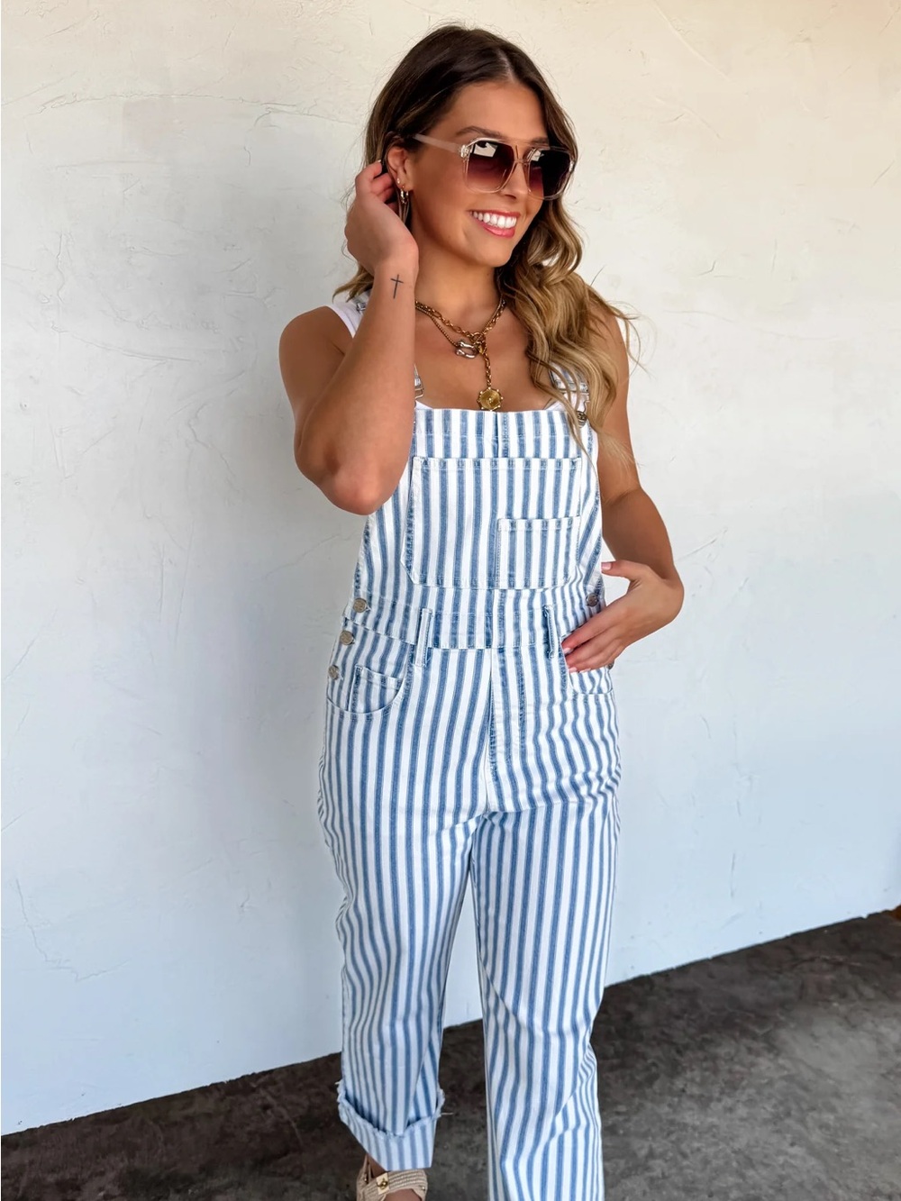 Striped Blue and White Denim Overalls